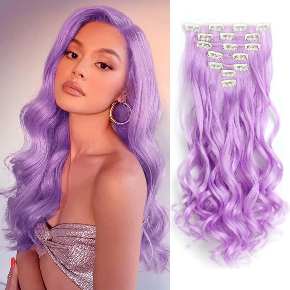 Curly Wavy Clip In Hair Extensions Full Head Synthetic Fake Hair Pieces For Girl