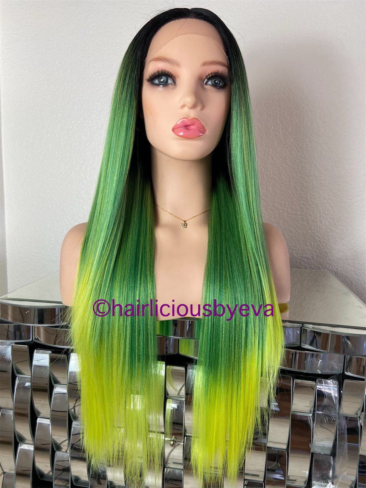 Pastel rainbow wig ombré black green yellow middle part 26 inch long straight