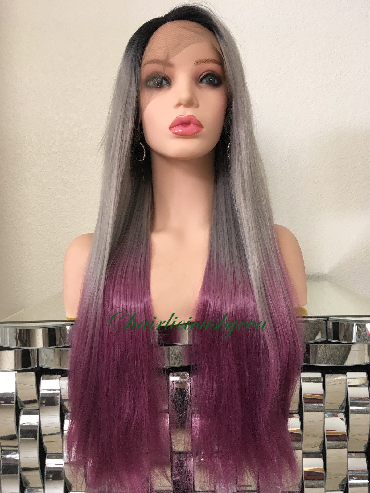 Pastel Rainbow Gray Purple Wig Straight Ombre Dark Roots Heat Resistant 26” Lon