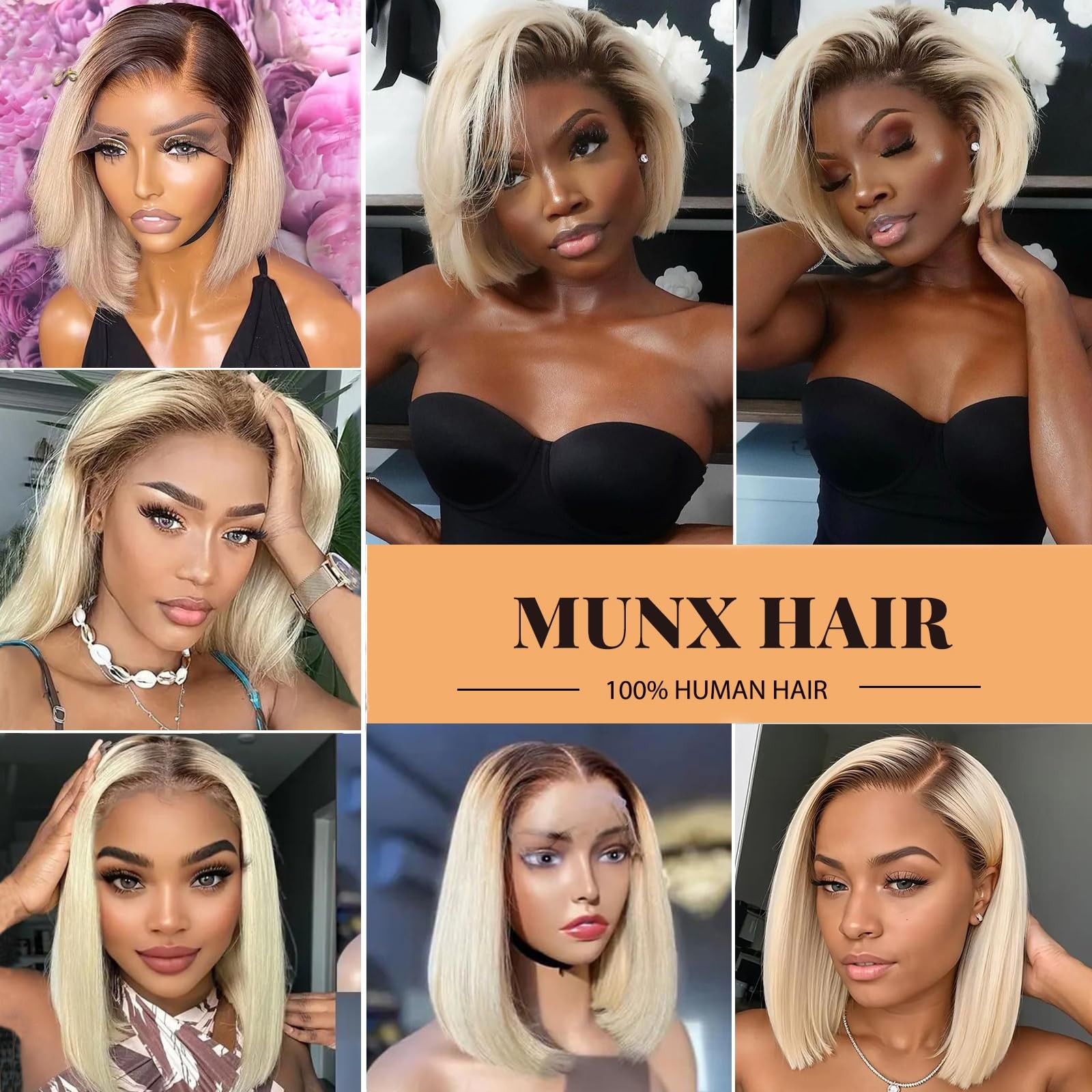 Munx Upgrade-1B613 Blonde Bob Wig Human Hair 8 13X6 Ombre Blonde Bob Lace Front