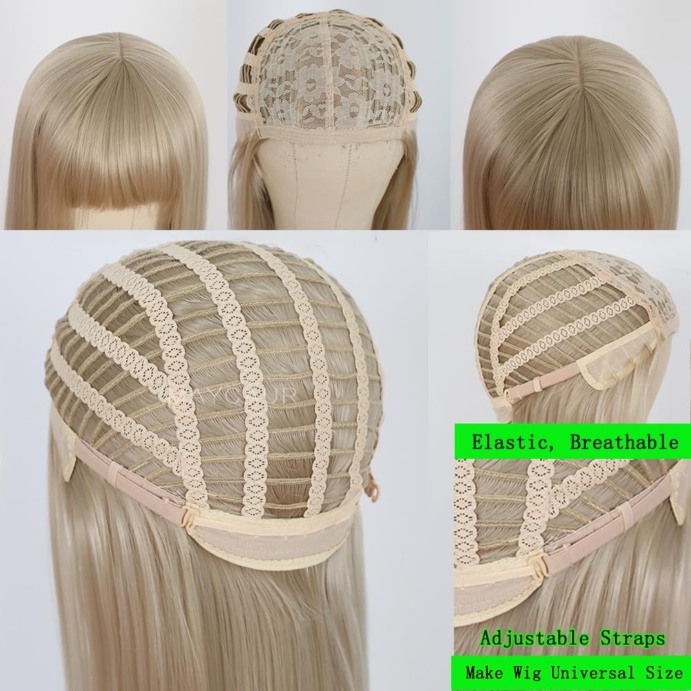 22-Inch Ash Blonde Wig with Bangs – Heat Resistant Synthetic & Glueless Design