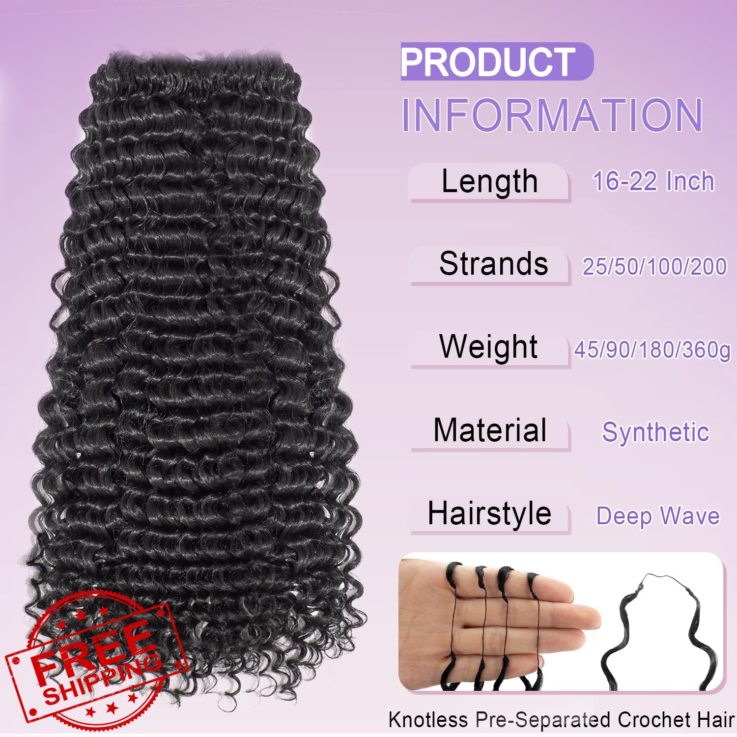 Peliri Deep Wave Crochet Hair 20 Inch 1B 100 Strands