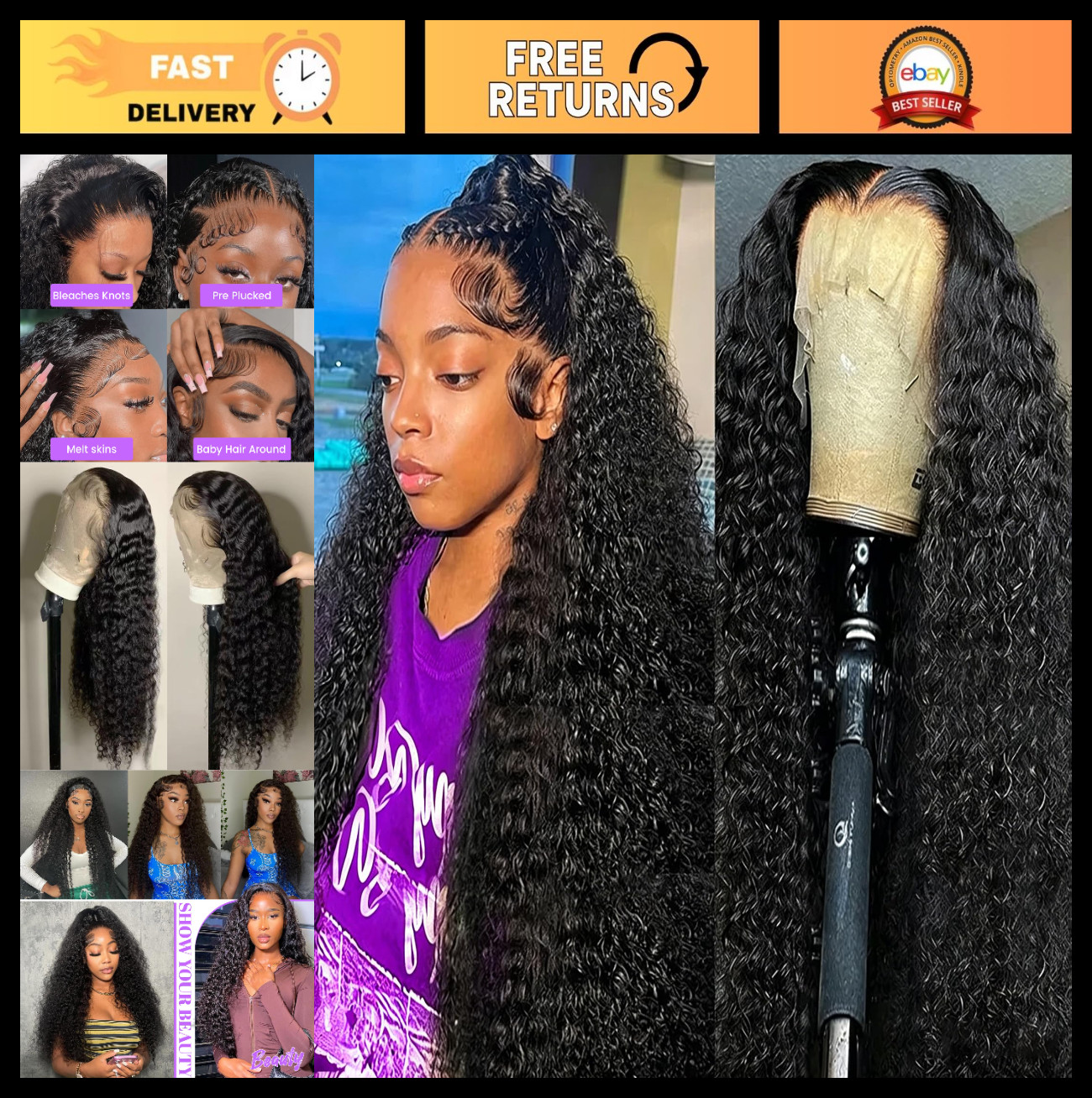 30″ Deep Wave Lace Front Wig – 13×6 HD Curly Human Hair, Pre-Plucked, Baby Hair
