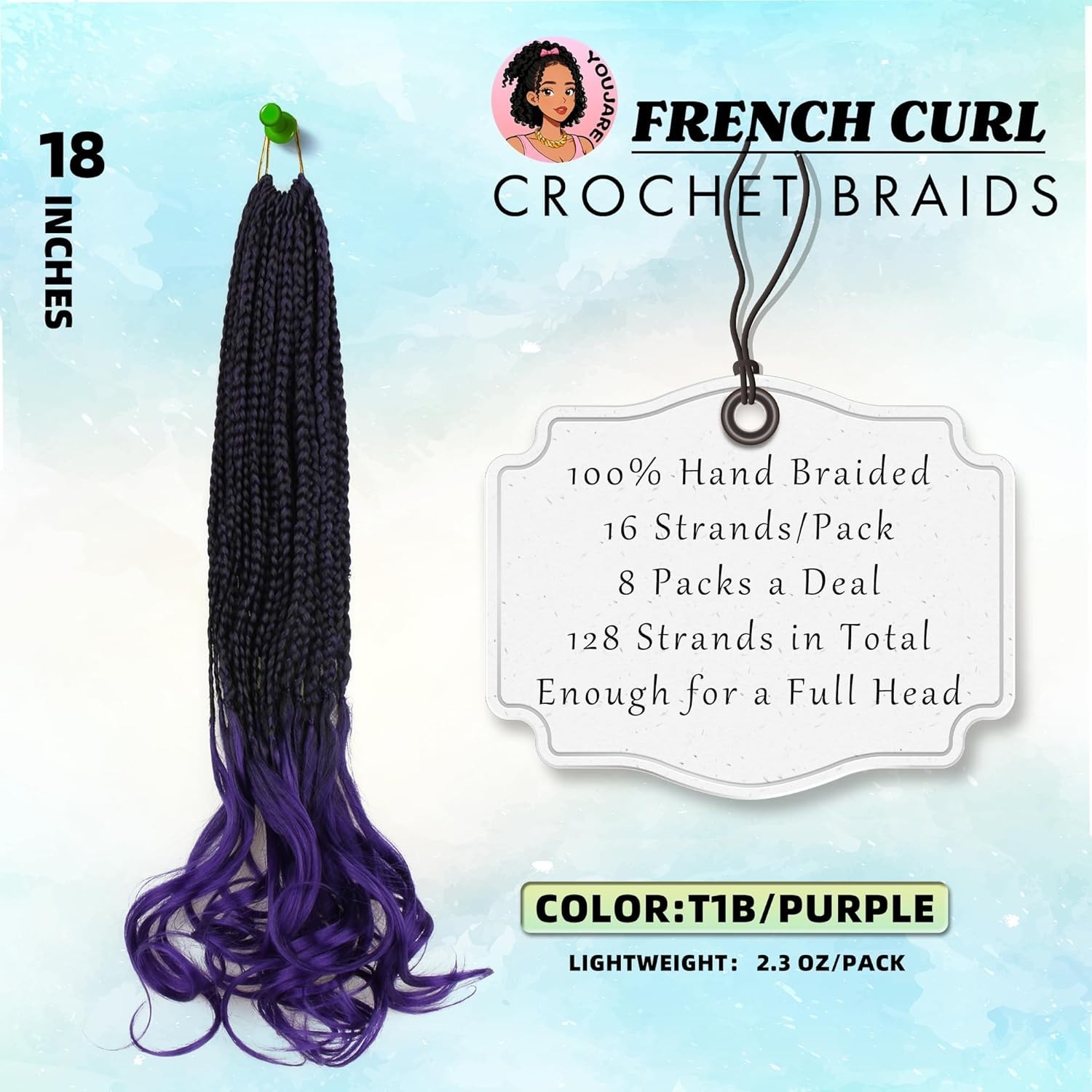 Youjare French Curl Crochet Braids for Black Women,18 Inches 8 Packs Ombre Purpl