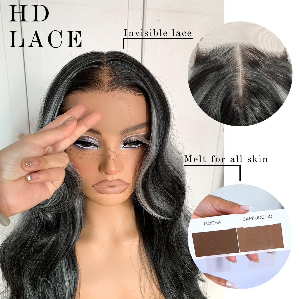 Highlight Lace Front Wig Pre-Plucked Black And White Skunk Stripe Body Wave H…