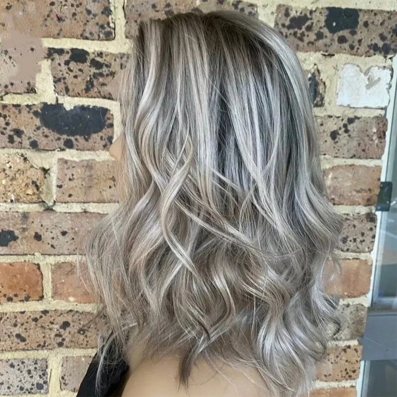 Human Hair Lace Front Wig Ash Blonde with Light Grey Highlights 13×4 Lace Front