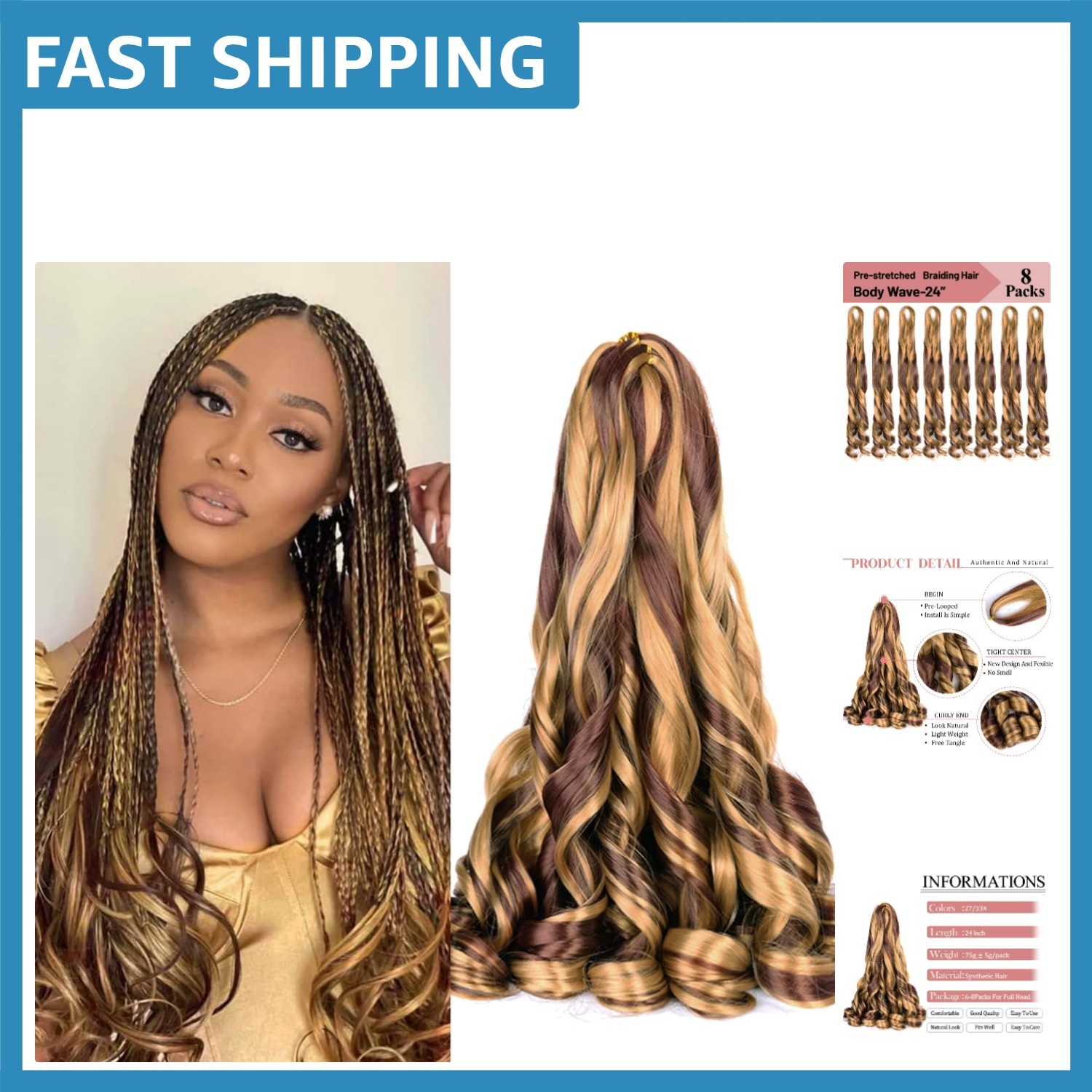 Reusable Curly Braiding Hair – 8 Packs of 24-Inch P27/33 Easy Install Extensions