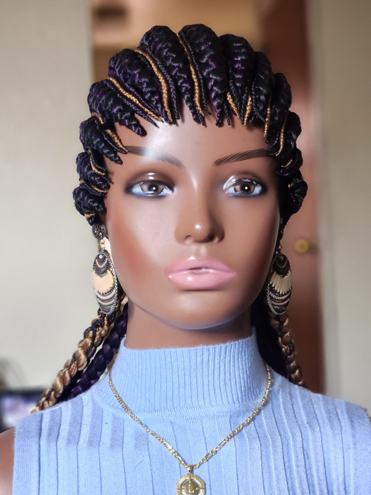 Fully hand braided Ghana banana cornrows wig All back down 1B mix dark purple/27