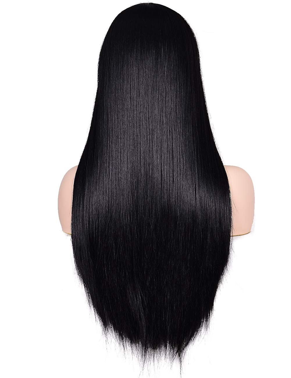 Women’s 26″ Long Straight Black Synthetic Resistant Hair Wigs with Bangs Natu…