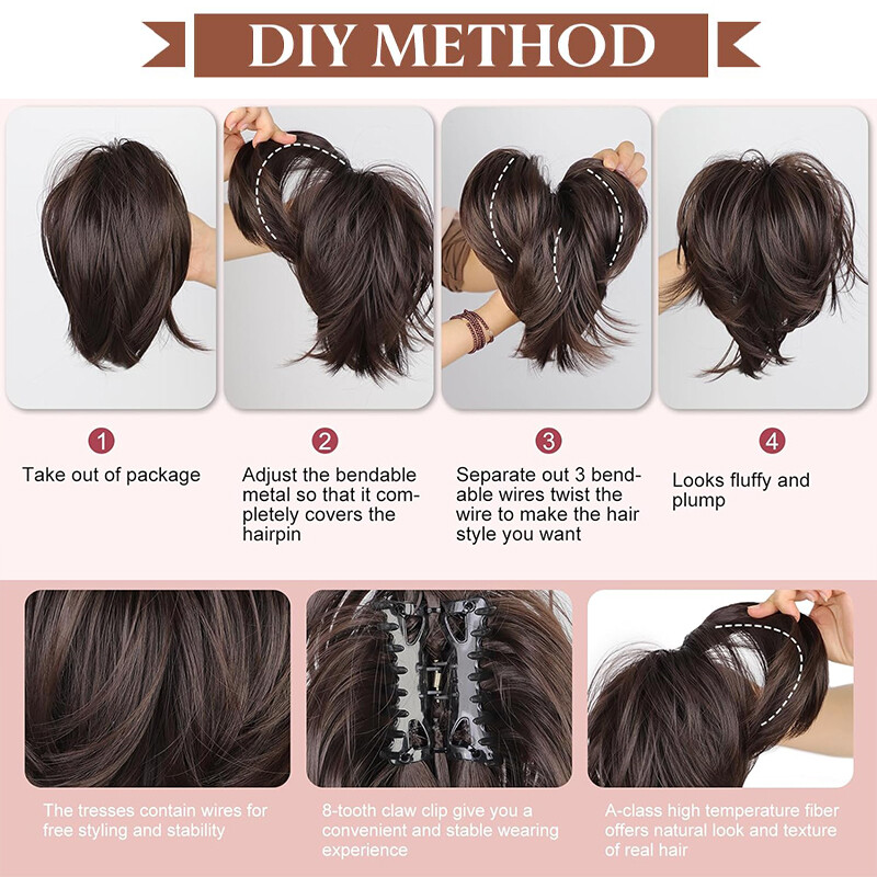 Clip In Ponytail Short Claw On Bun Hair Extension Updo Piece Bendable Metal Wire