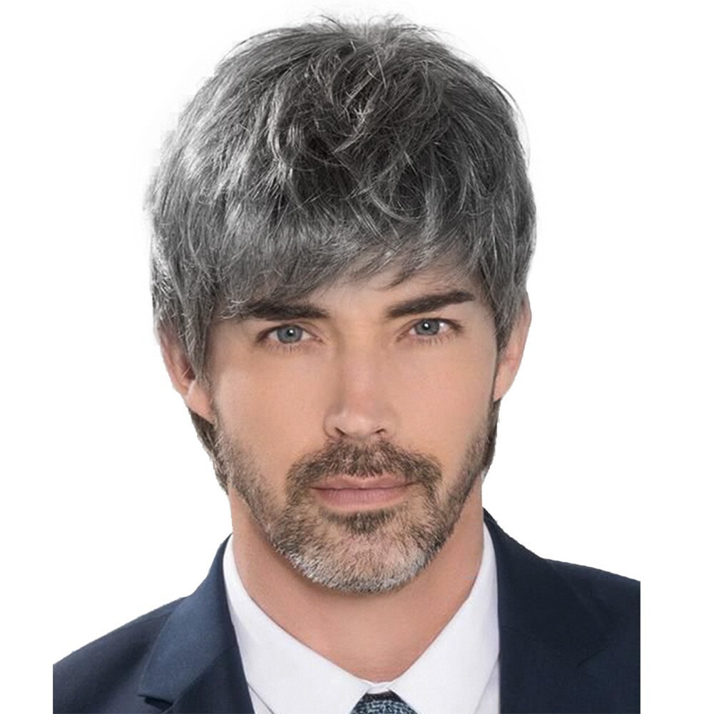 Pixie Black Grey Mixed Wigs For Men Short Gray No Lace Glueless Synthetic WigS