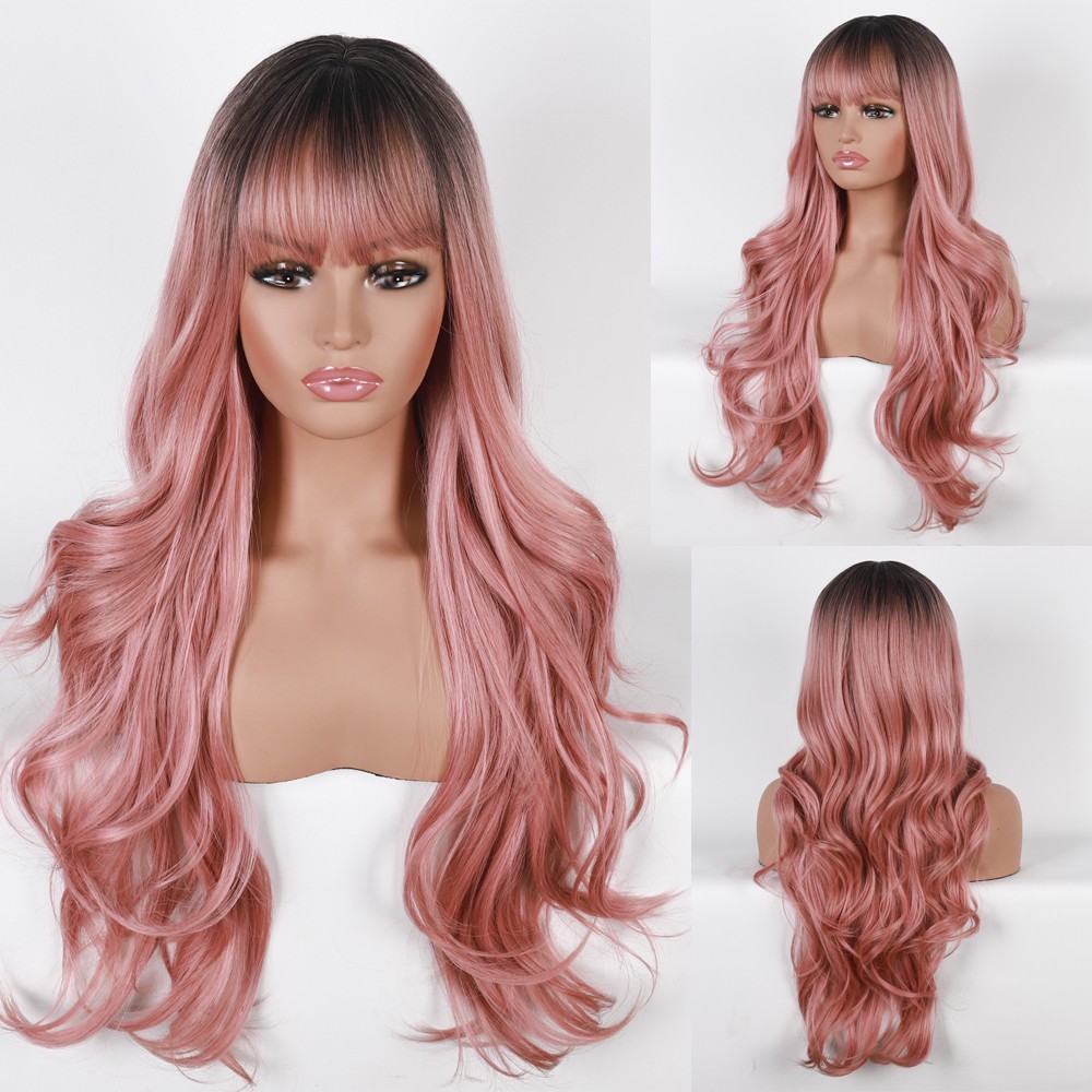Long Ombré Brown Blonde Pink Curly Wavy Hair Wigs Women Daily Party Cosplay US