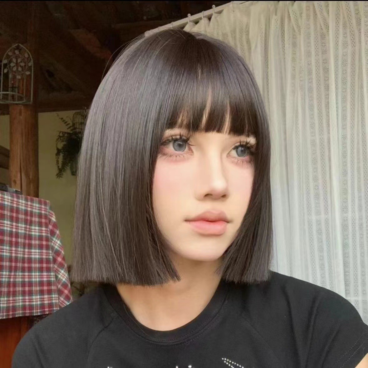 Blunt Cut Short Bob Wig Rose Net Breathable Heat Resistant Synthetic Full Head