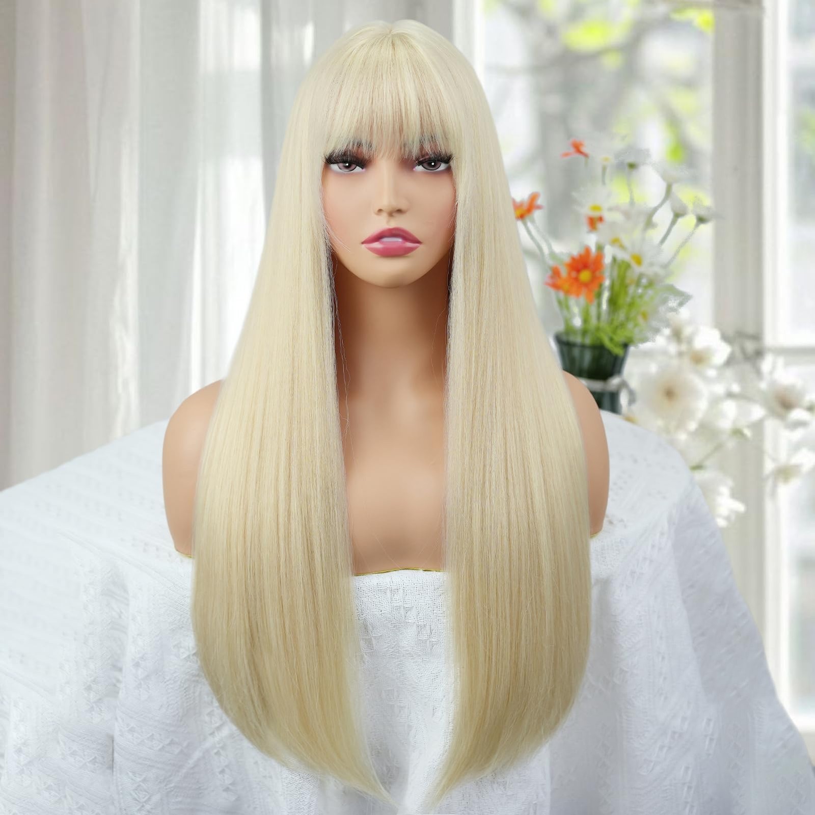 BESSY HAIR Long Blonde Wig with Bangs Straight Wigs for Women Long,