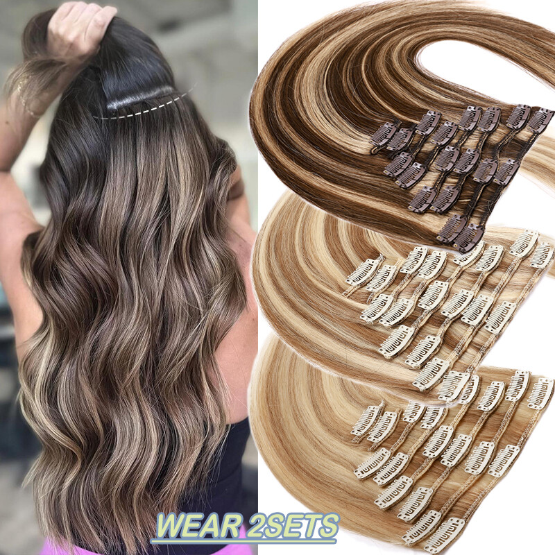 Clip In 100% Remy Real Human Hair Extensions Full Head Highlight Ombre US 8″-24″