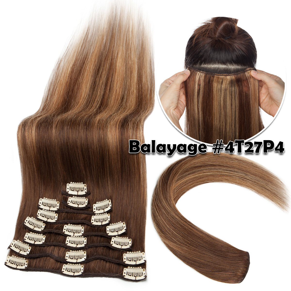 100% Human Hair Clip In Remy Hair Extensions Real Soft FULL HEAD Invisible Grey#
