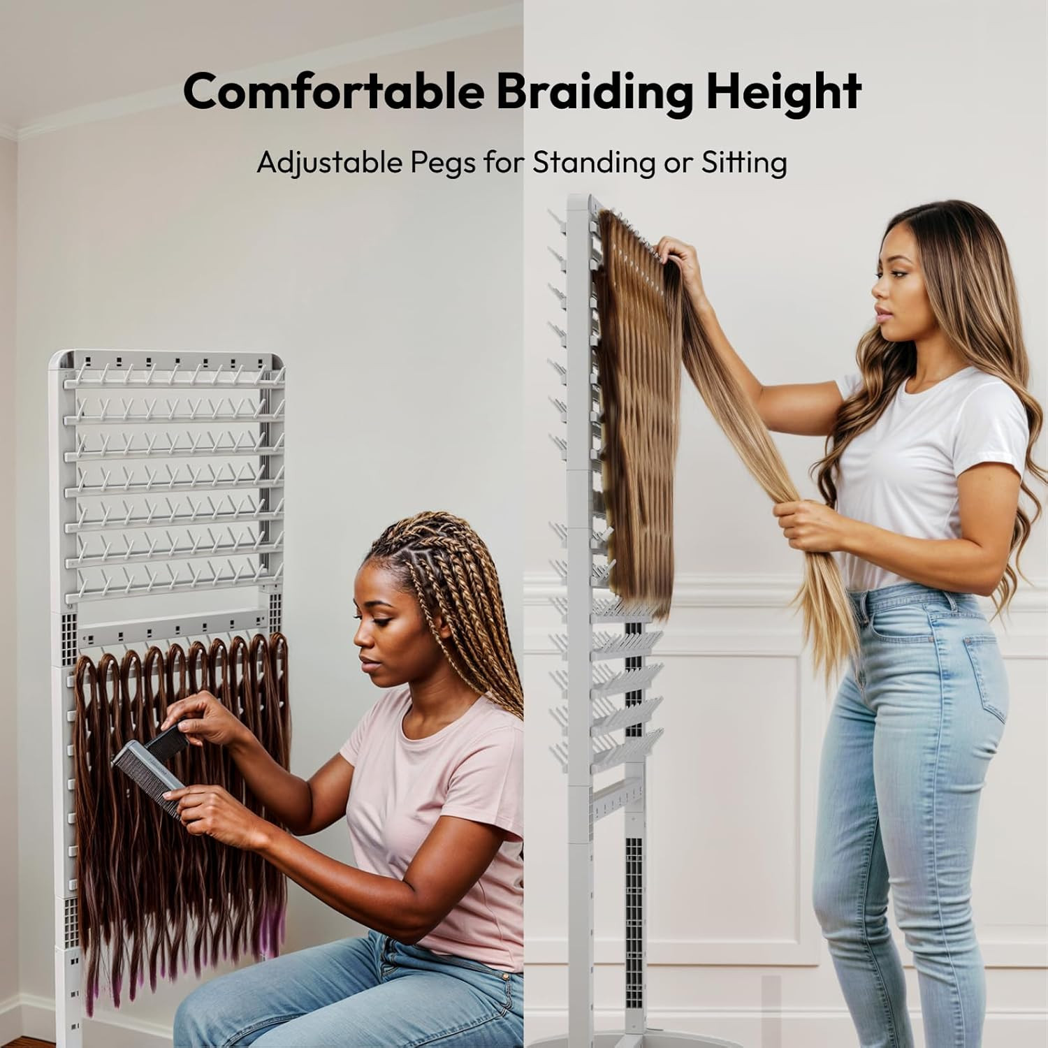 280 Pegs Braiding Hair Rack with Tray and Tools, Height Adjustable, 2-Side Braid