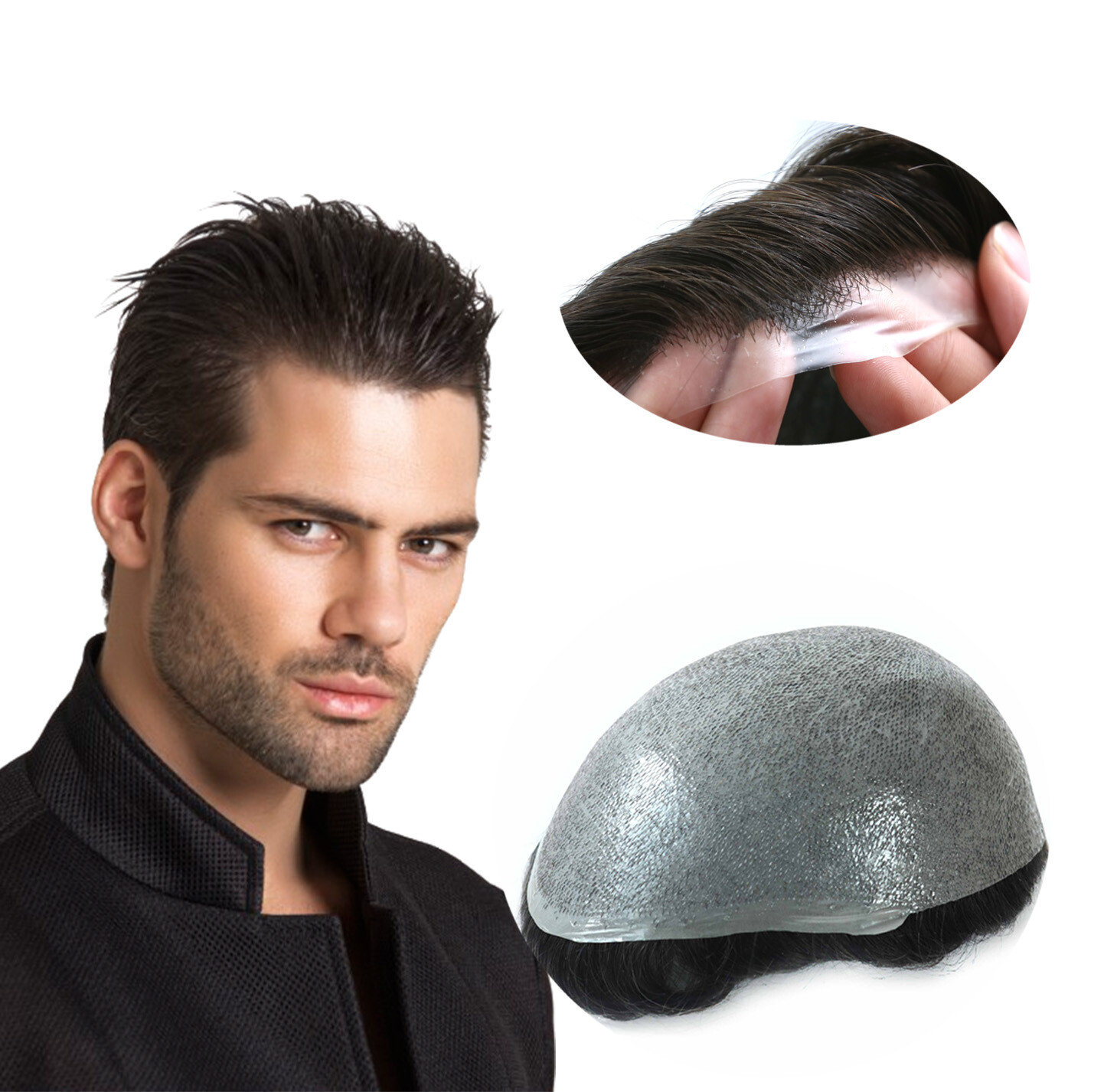Toupee For Men Human Super Thin Skin Men Hairpieces Wig Black Color #1B