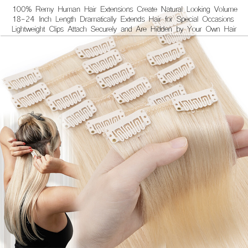 Real Remy Hair Clip In 100% Human Hair Extensions 8Pieces with 18Clips Full Head