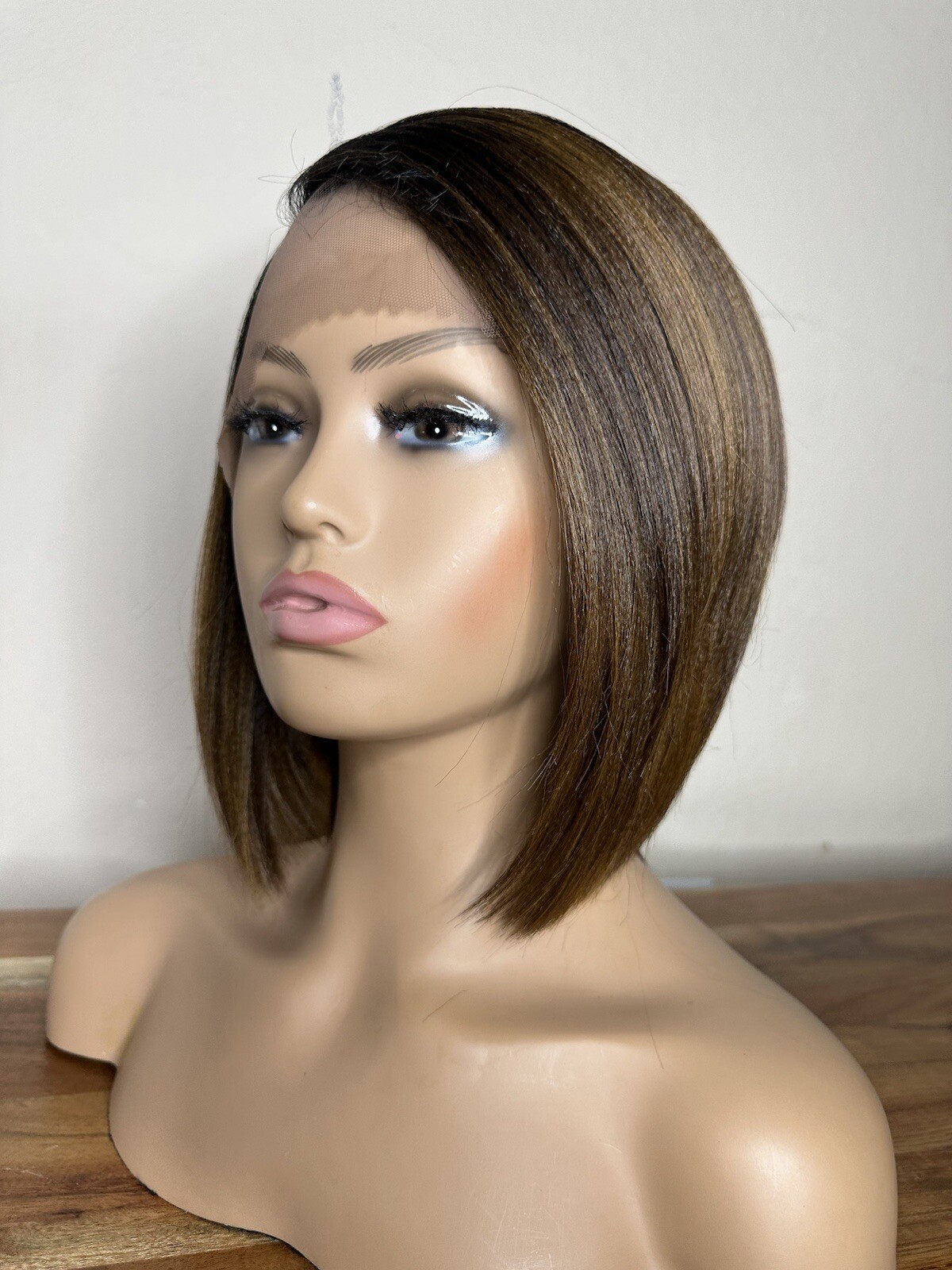 Short Bob Wig Straight. Color 4/27 Golden Brown 9 Inch Lace Front Side Part