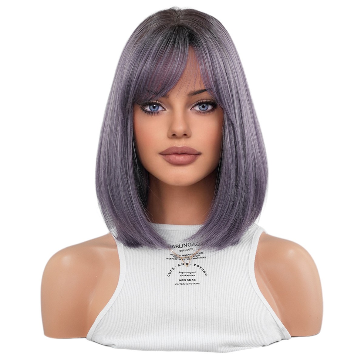 2025 Grey Purple Ombre Short Straight Bob Wig Side Part Bangs Synthetic Full