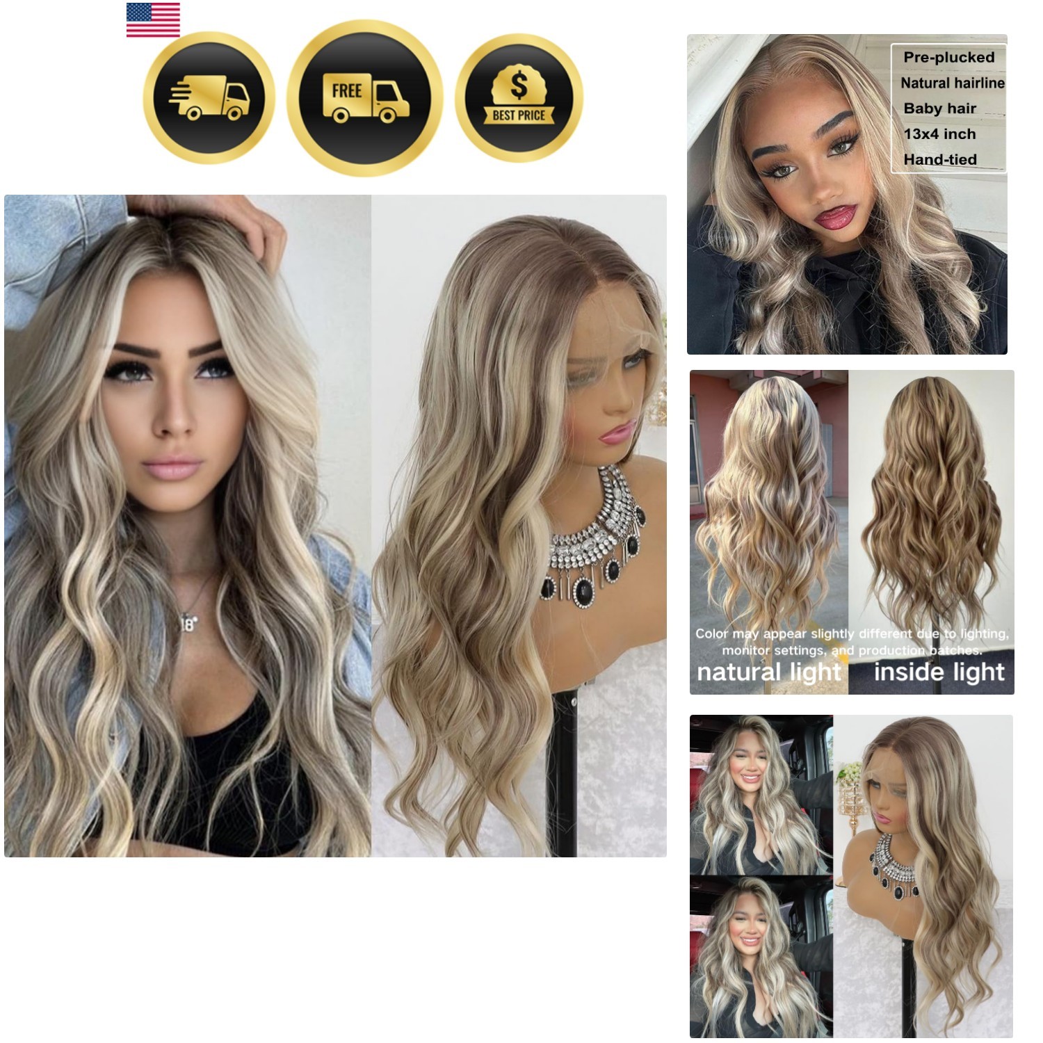 Highlight Ash Blonde Lace Front Wig Pre Plucked Glueless Long Wavy Brown Ligh…