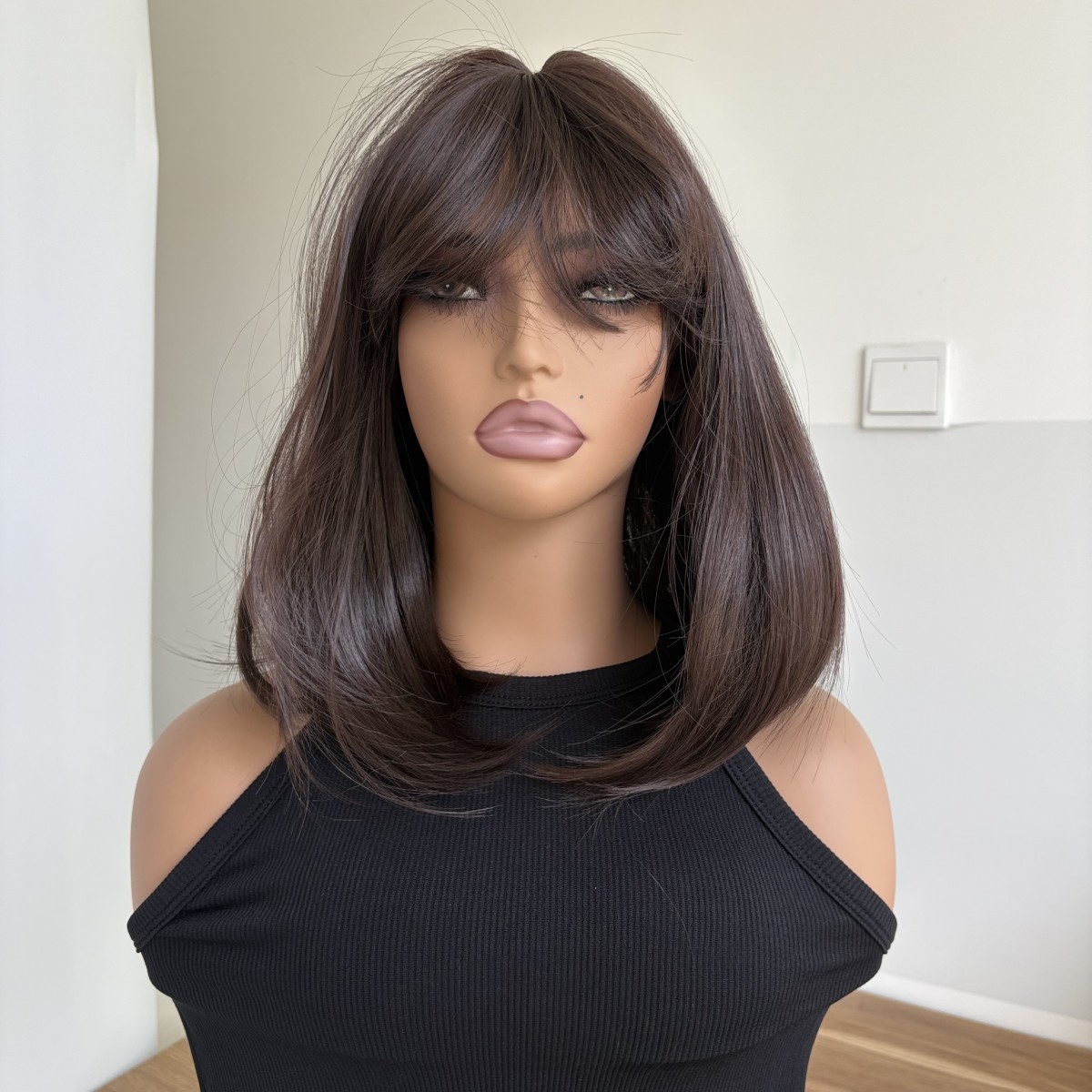 Heat Resistant Synthetic Hair Dark brown Bob Straight Dress Up Wigs With Bangs
