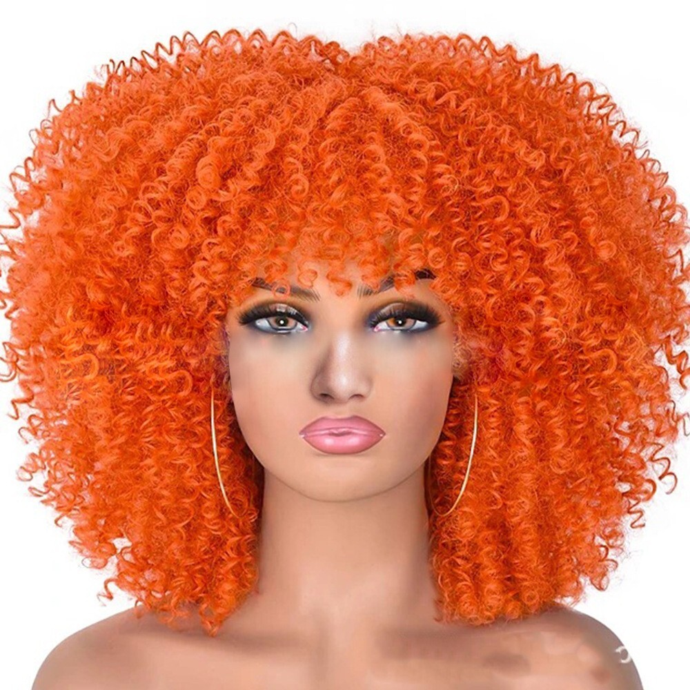 1 Set Hair Afro Kinky Curly Wigs With Bangs Synthetic Blonde Wig Color For Women