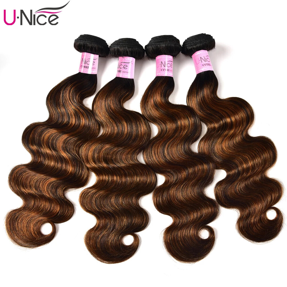 UNice Cambodian Ombre Brown Body Wave Hair Weaves 3 Bundles Human Hair Extension