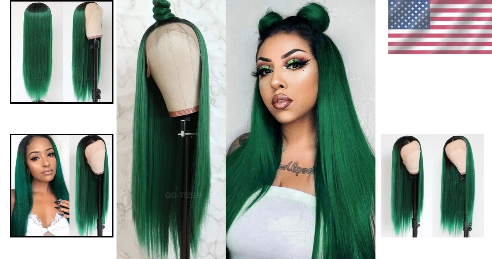 22″ Glueless Ombre Green Lace Front Wig Heat Resistant Synthetic