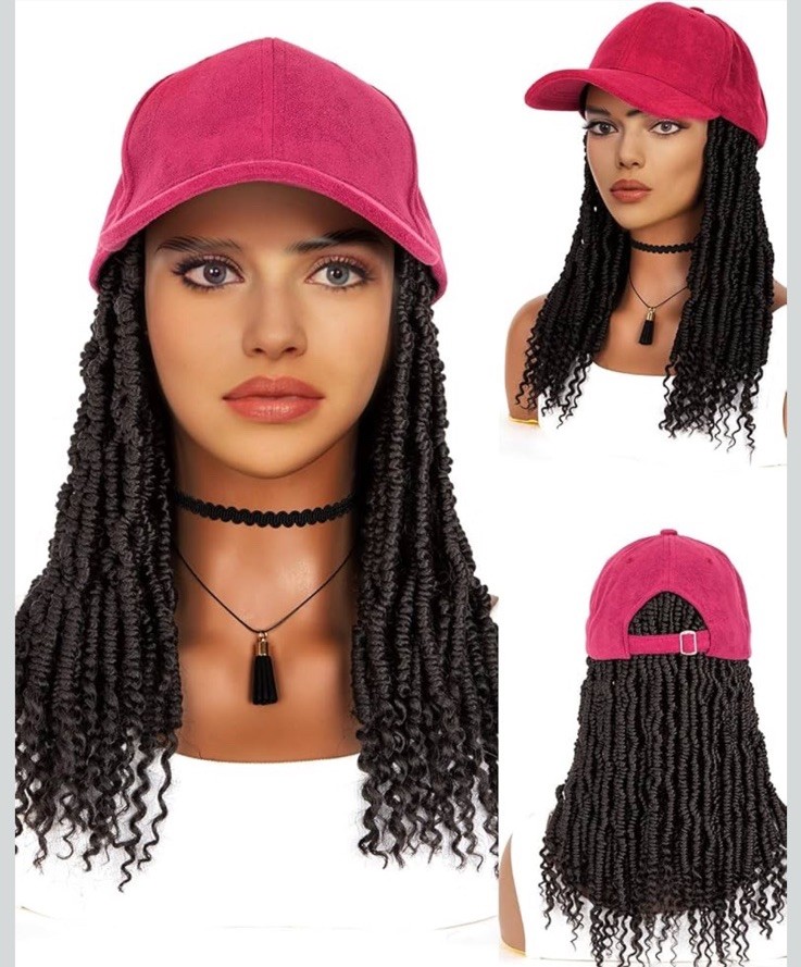 Burgundy Hat With Synthetic Braided Coily Hair 14”