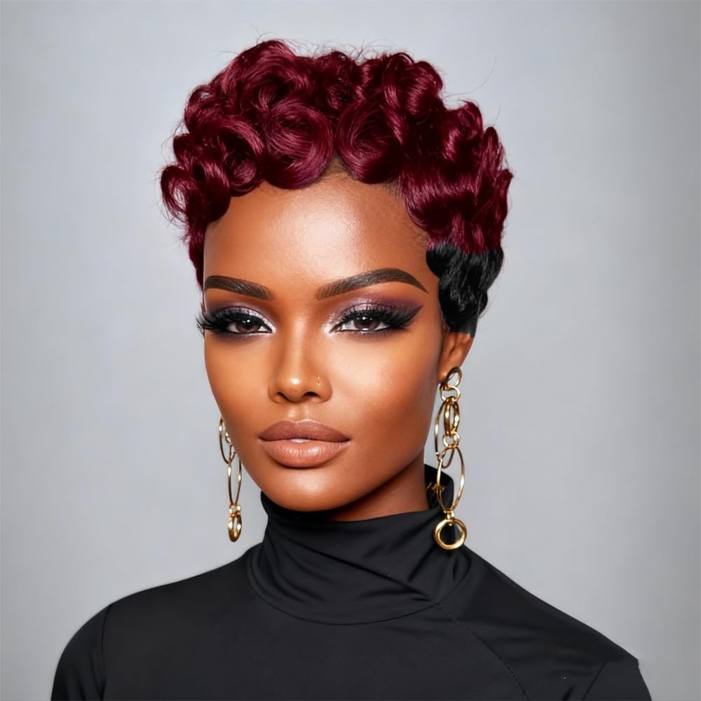 Short Curly Pixie Cut Wig Human Hair Burgundy Black Ombre 1B/99J
