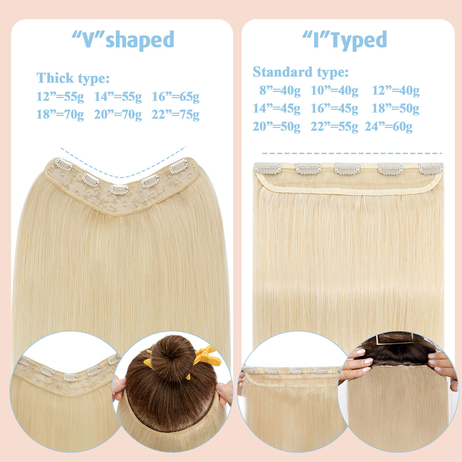 Upgrade V Shape One Piece 100% Clip in Remy Human Hair Extensions 3/4 Full Head
