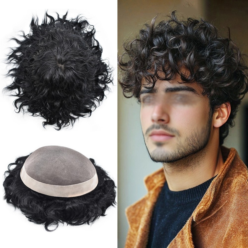 Afro Toupee for Black Men Durable Mono Afro Weave Kinky Curly Mens Wig Hair Unit