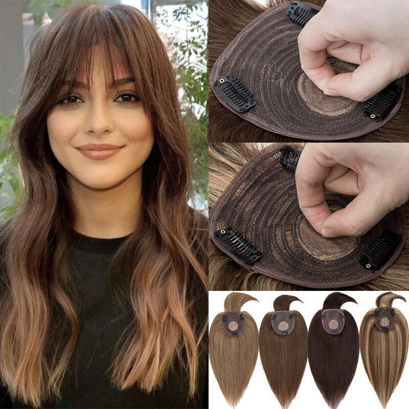 Clip In Top Mono Base Remy Human Hair Topper Women Hairpiece Toupee with Bangs