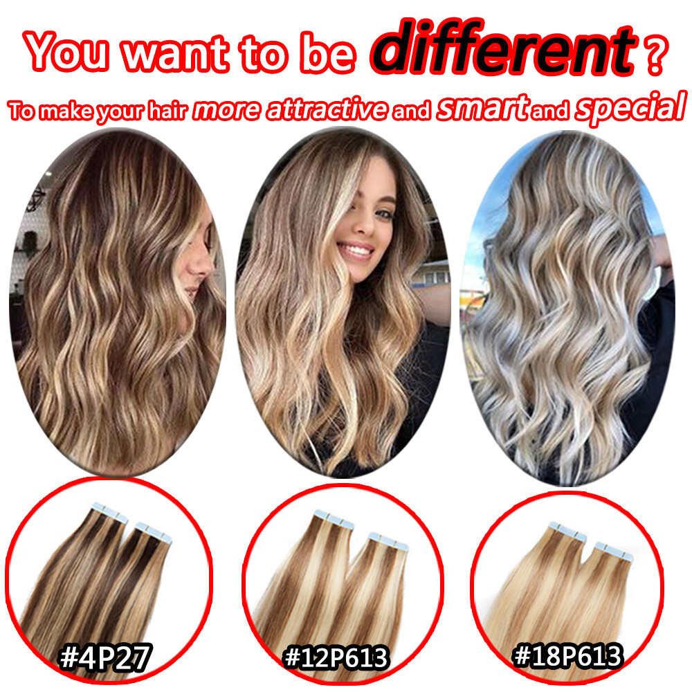 60PCS THICK Russian Tape In Remy Human Hair Extensions Skin Weft Full Head Ombre