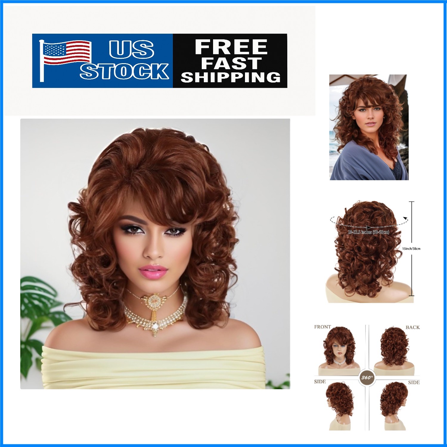 GNIMEGIL Shoulder Length Wigs for Women Auburn Curly Wig with Bangs