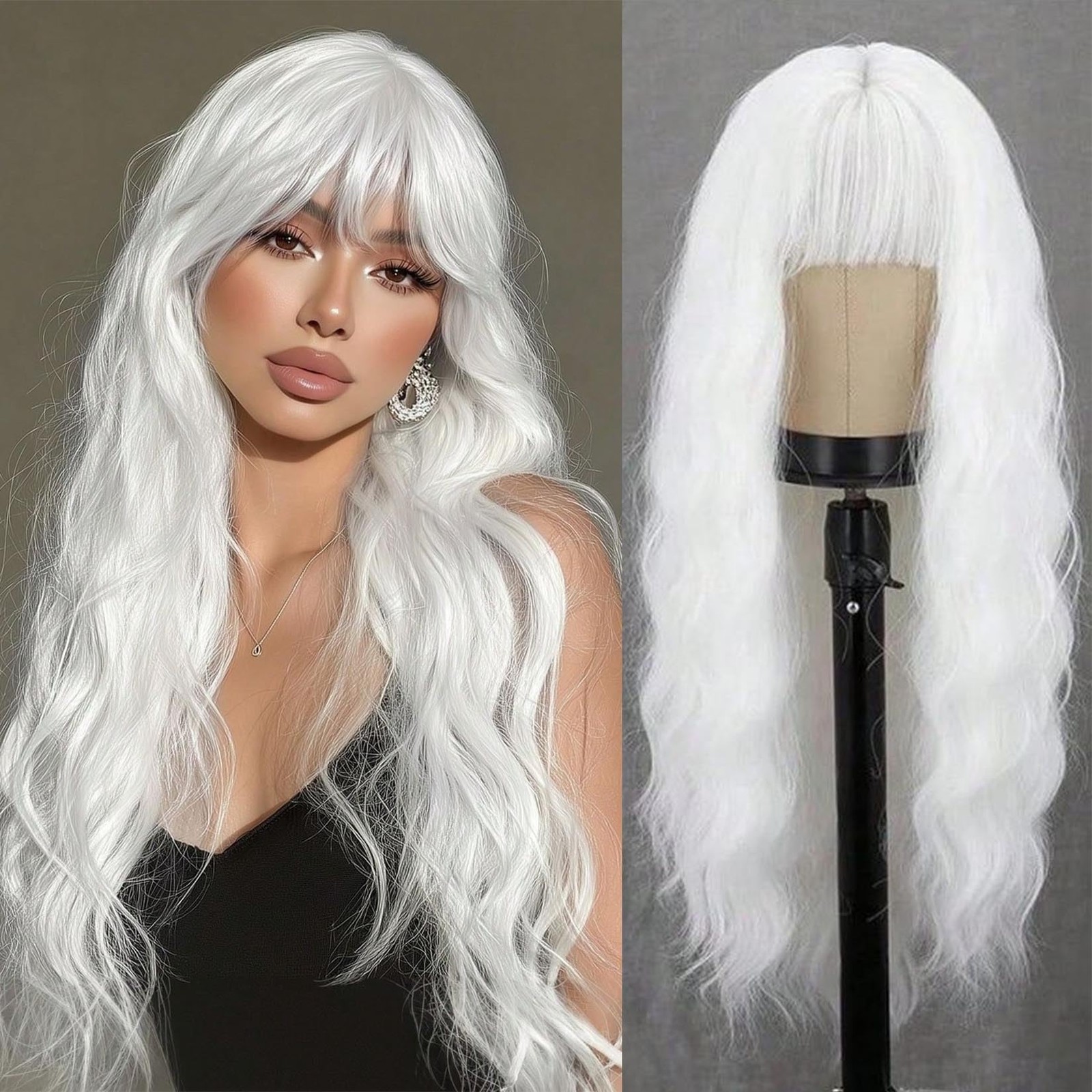 White Wig with Bangs Soft Long Wavy Wigs for Women 26 Inch Natural Looking Sy…