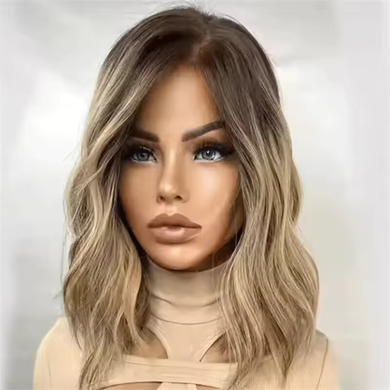 Short Wave Ombre Dirty Blonde Lace Front Wigs 100% Human Hair Wigs Dark Roots