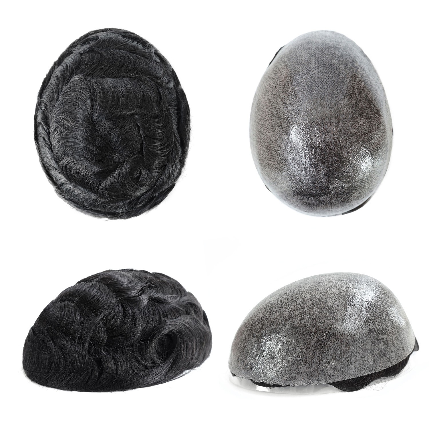 Mens Toupee Human Hair Replacement System Injection Skin Black Hair Piece #1C