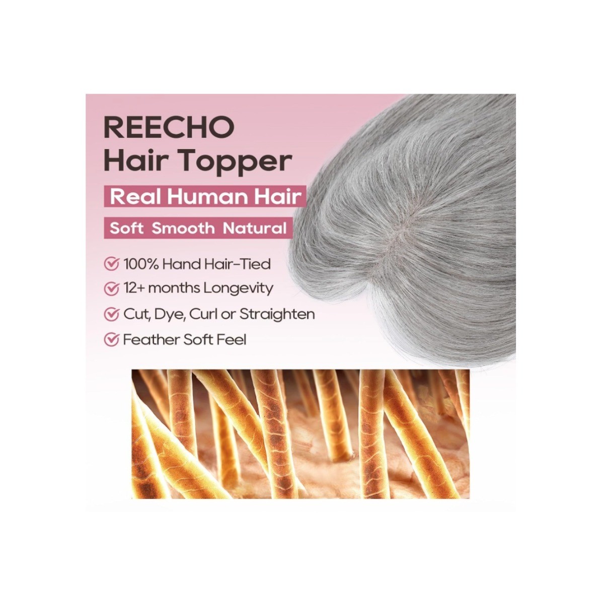 10in Real Human Hair Topper Swiss Base Hand-Tied Gray Salt and Pepper Mix