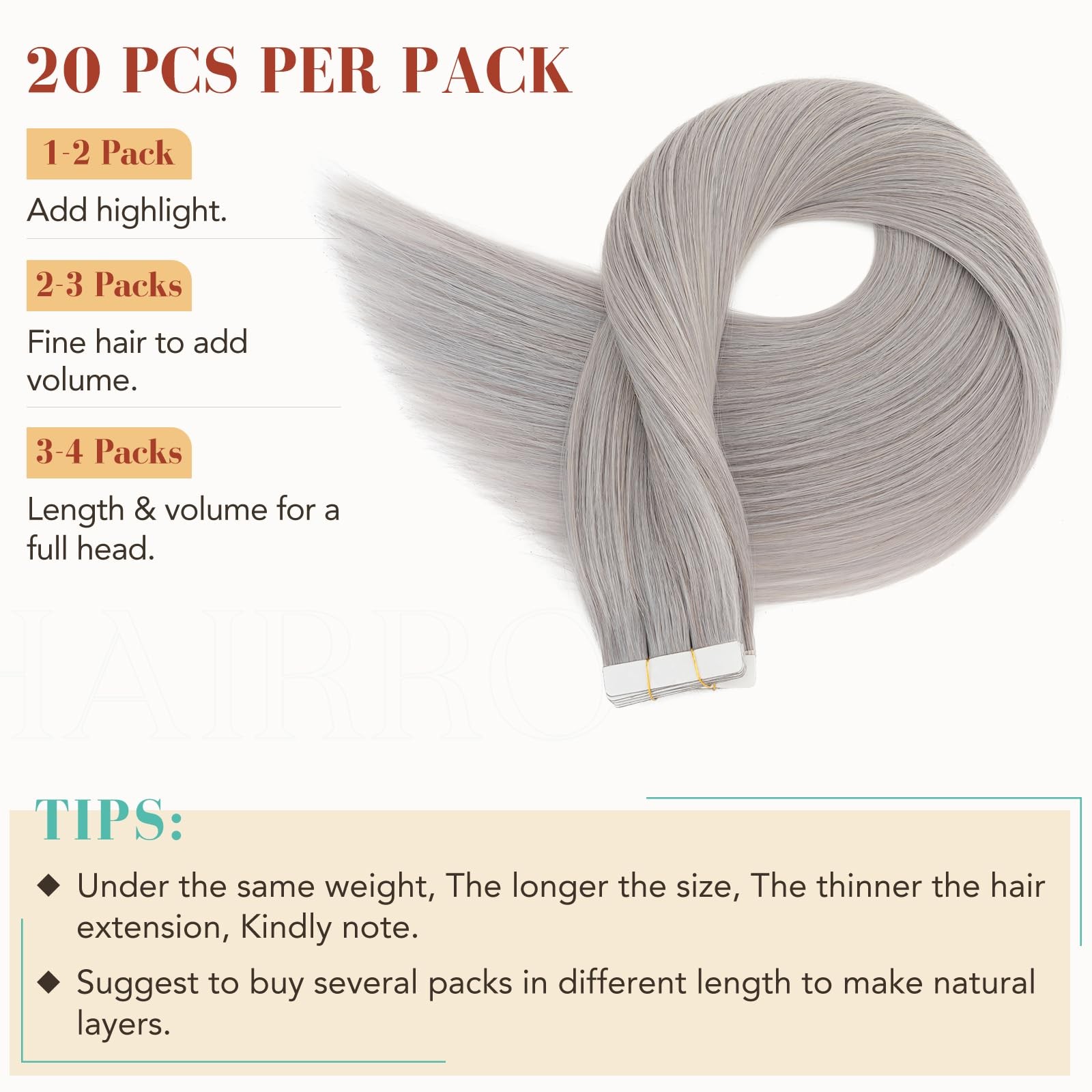 Hairro Tape In Human Hair Extensions For Women 16 Inch 50G 20Pcs Silver