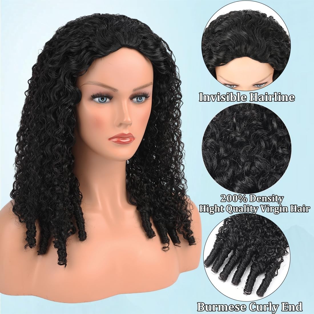 Burmese Curly Half Wig 200% Density 3-in-1 Drawstring No Glue Easy Install 24