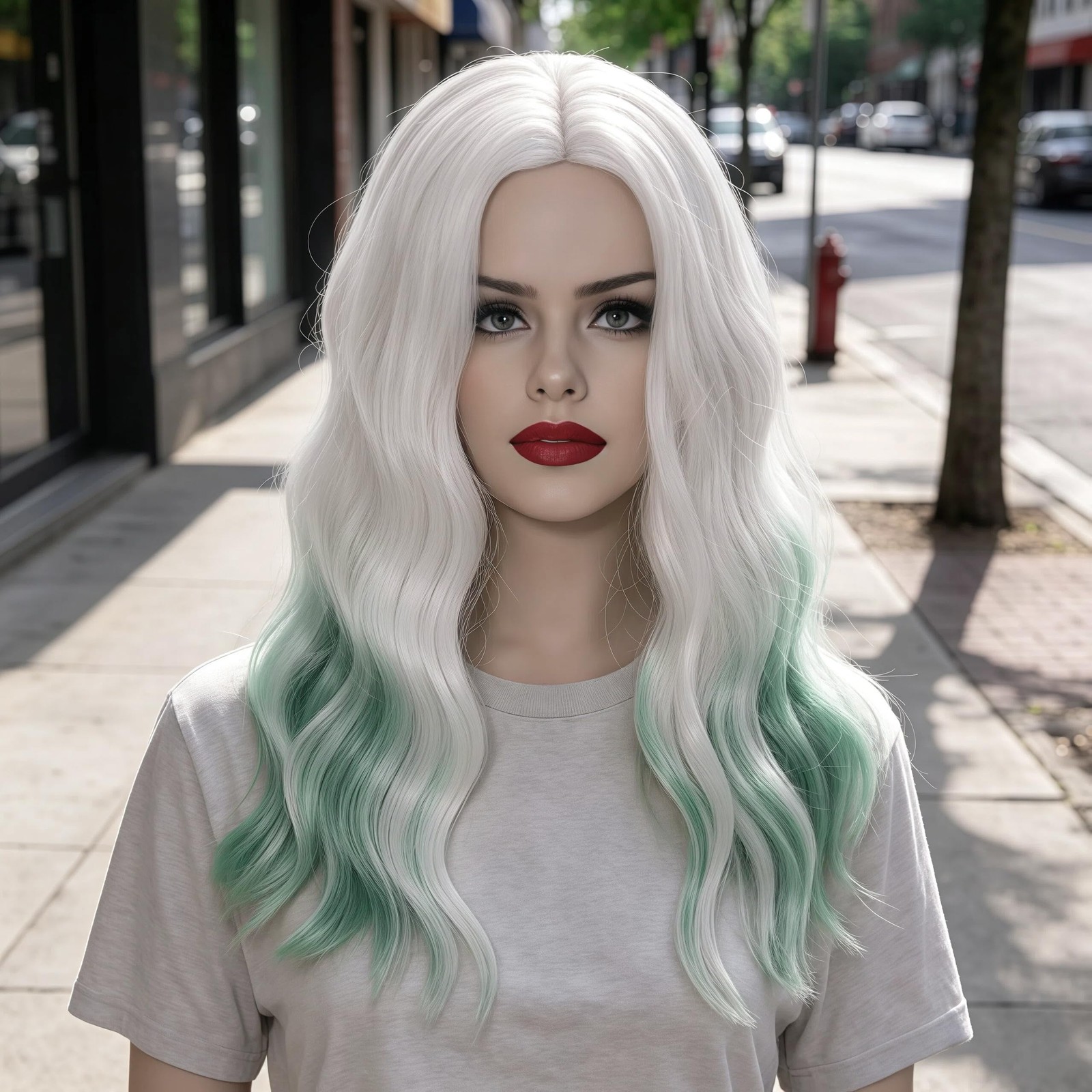 18″ Long Curly Wavy White Ombre Green Wig for Women Synthetic Hair Party Cosp…