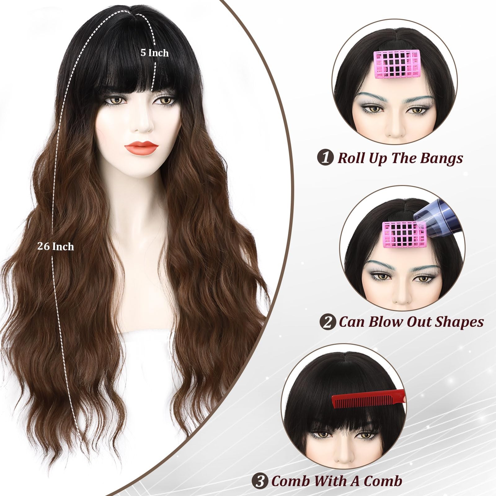 Ombre Brown Wig with Bangs Long Wavy Curly Wigs with Dark Root Women’s Synthe…