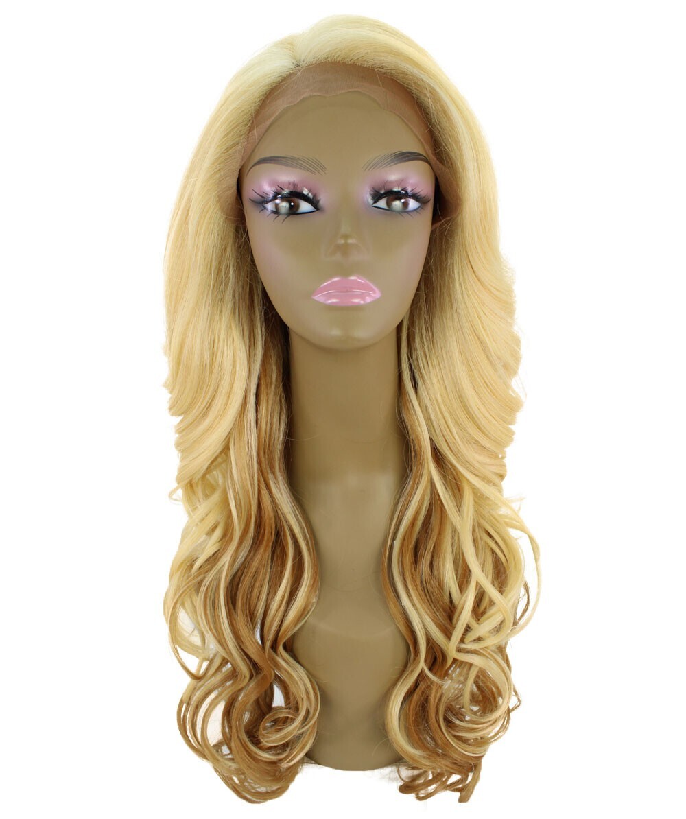 Wavy 24.5 in 13×2.5 Hand Tied Lace Front Wig, Golden Blonde over Dark Blonde