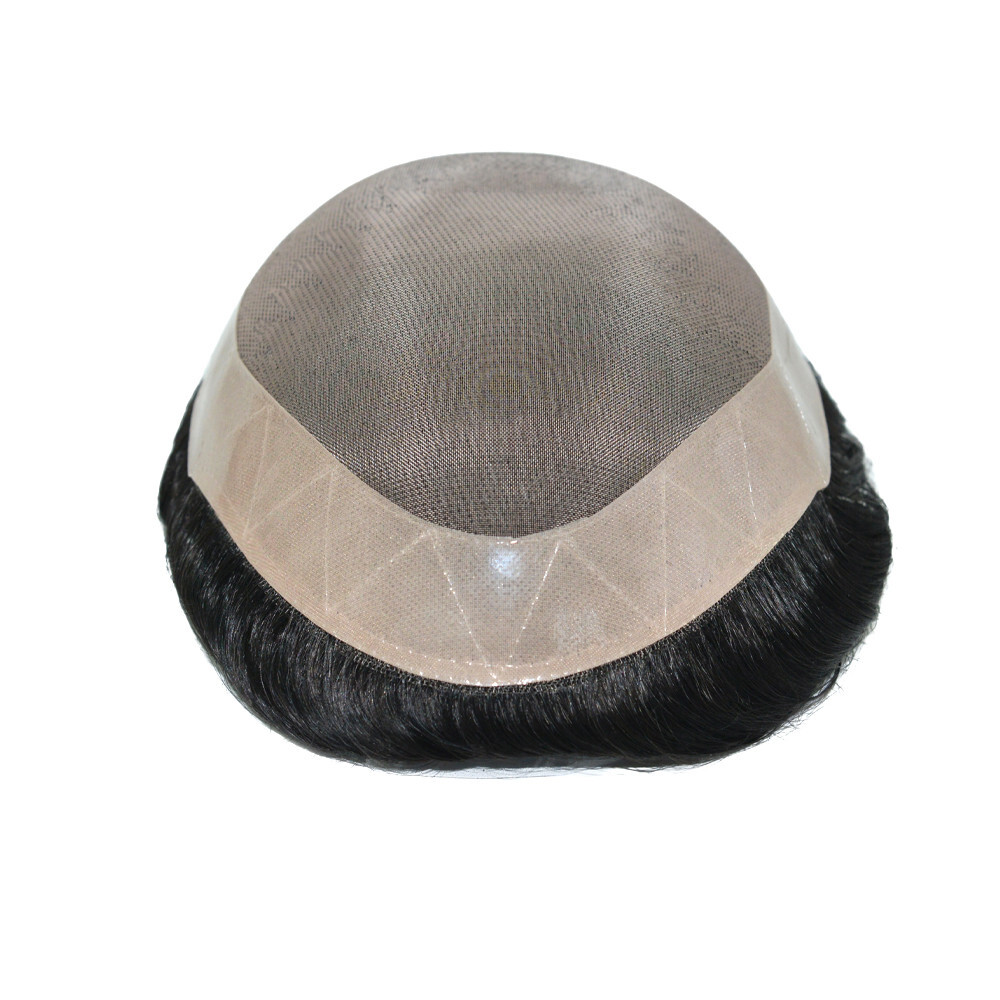 Mens Toupee Fine Mono Human Hair Replacement System Poly Skin Hairpiece 7X9#1