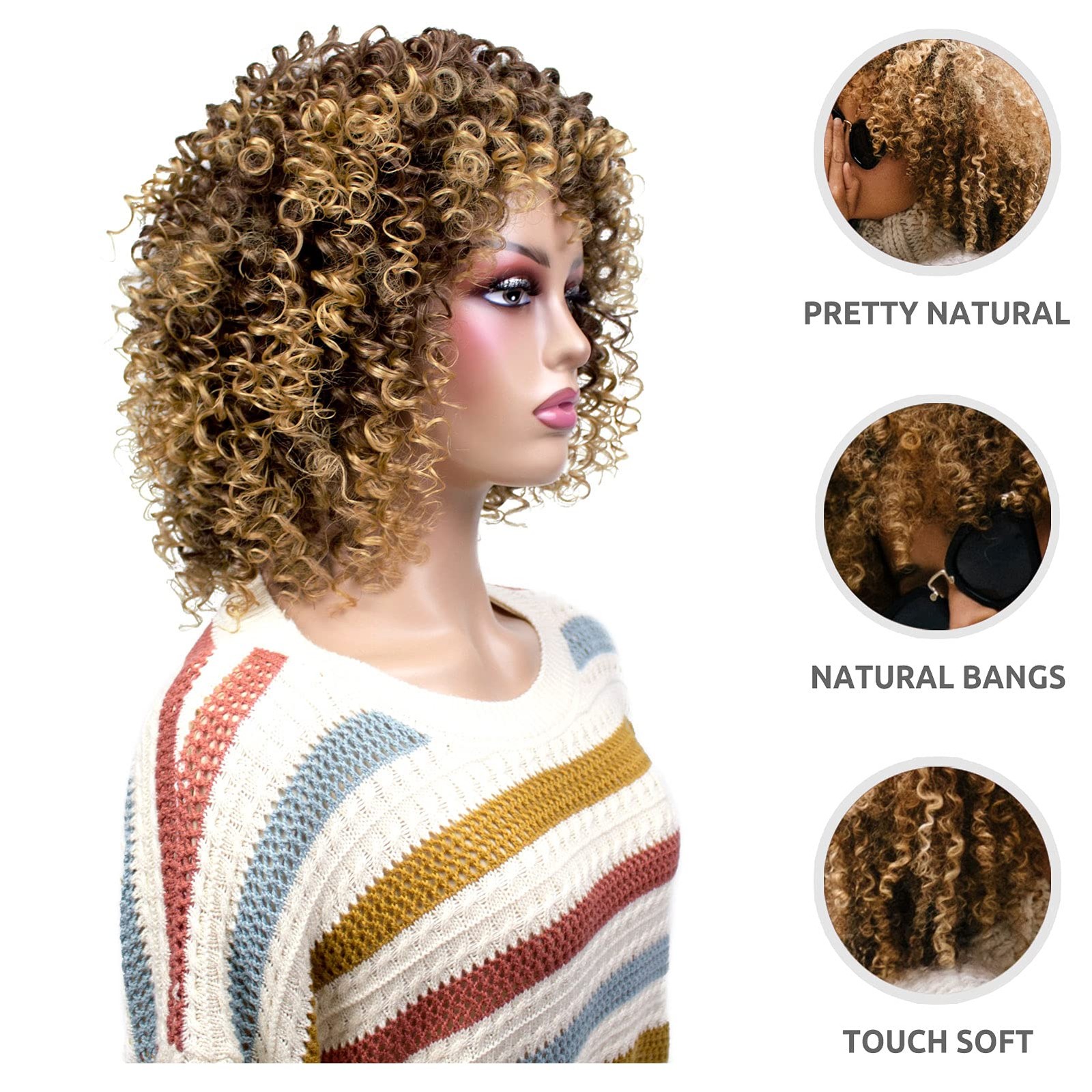 Afro Curly Wigs for Black Women Short Shoulder Length Kinky Wig with Bangs Brown