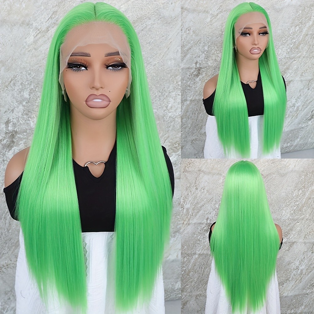 Women Long Straight 13×4 Frontal Lace Wigs Synthetic Hair Heat Resistant Green
