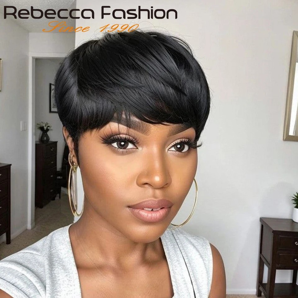 Pixie Short Cut Colored Straight Human Hair Wig Bangs Women Fashion Beauty Gift